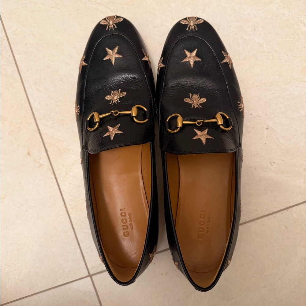 Gucci Black Leather Horsebit Loafers with Gold Embroidered Stars & Bees